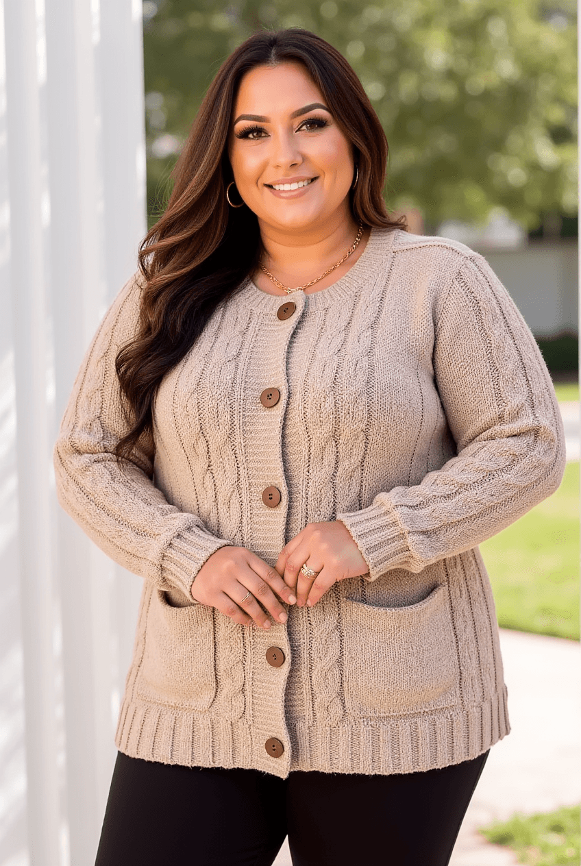 Casaco Plus Size Tricot Trança com Bolsos